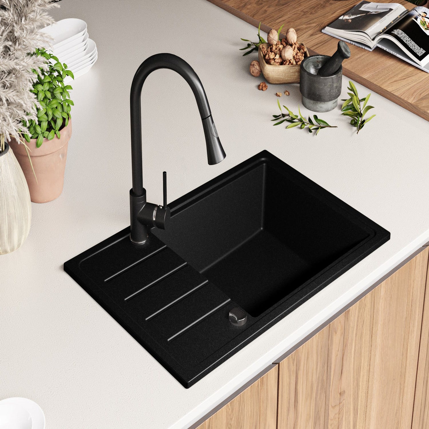 Evier Cuisine en Granit Noir, 78 x 50 cm, Lavabo 1 bac + Robinet 5700 + Kit de Vidage, Évier à Encastrer de Primagran 2