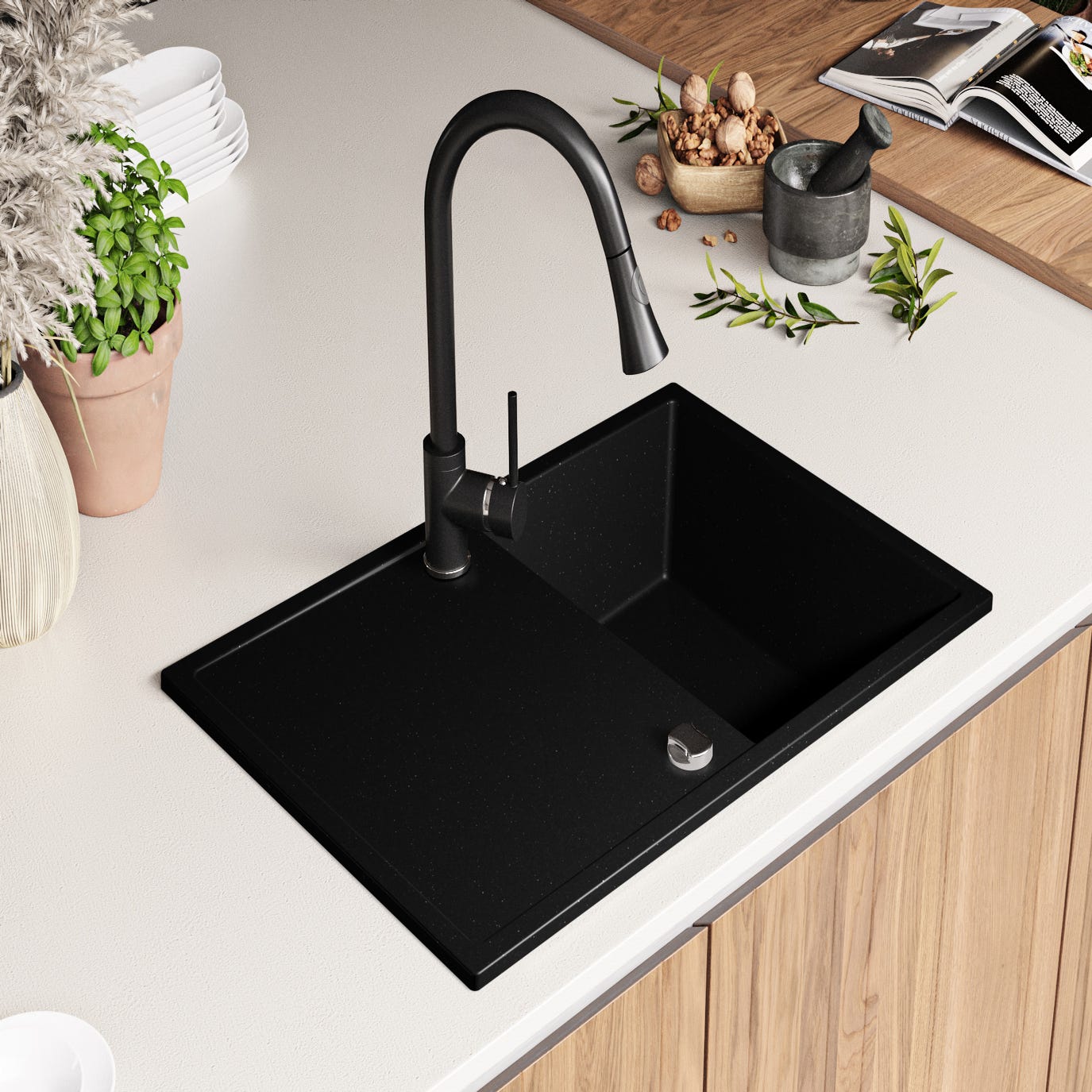 Evier Cuisine en Granit Noir Metallic, 78 x 50 cm, Lavabo 1 bac + Kit de Vidage, Évier à Encastrer Ibiza 780 de Primagran 1