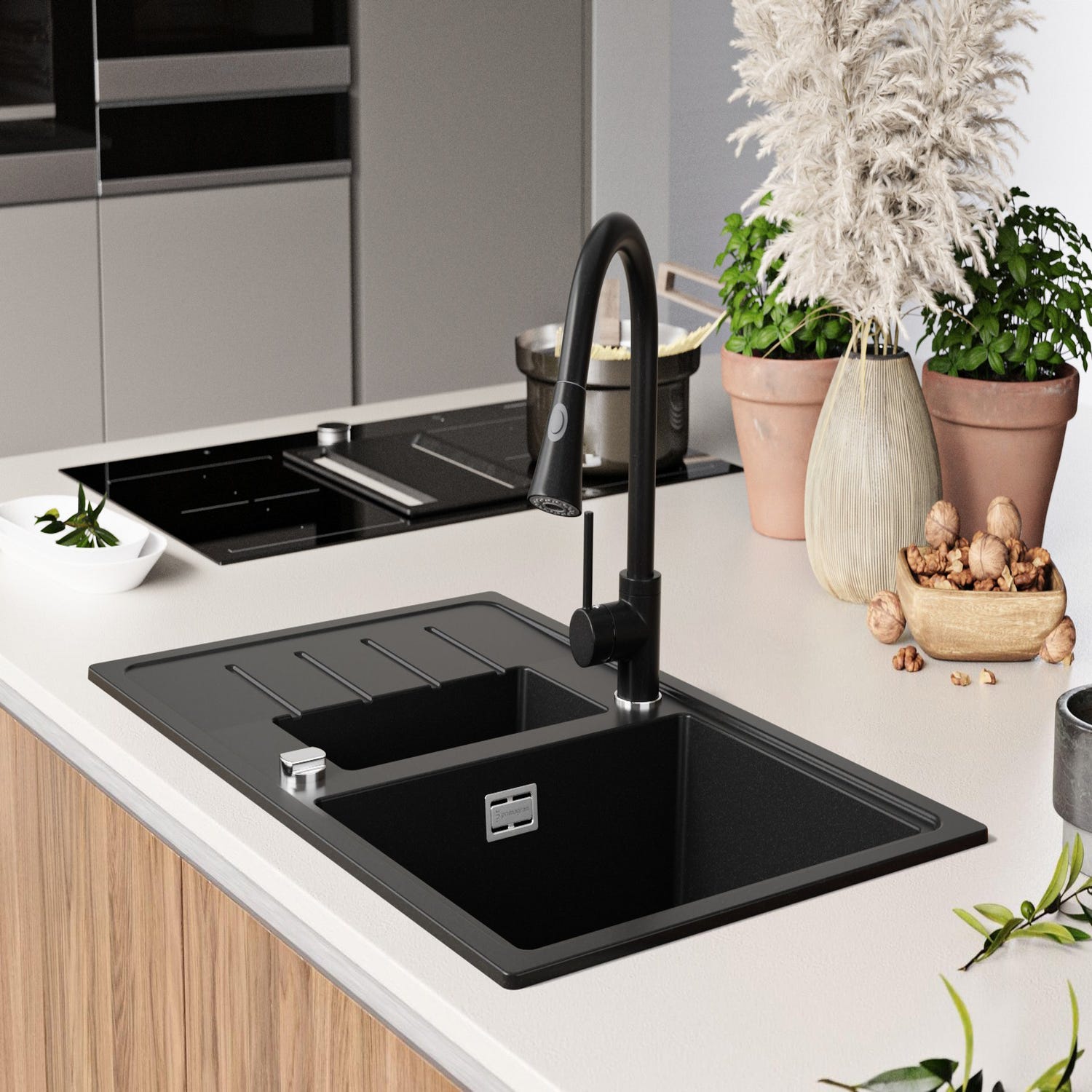 Evier Cuisine en Granit Noir, 78 x 50 cm, Lavabo 1,5 bac + Robinet 3700 + Kit de Vidage, Évier à Encastrer de Primagran 2