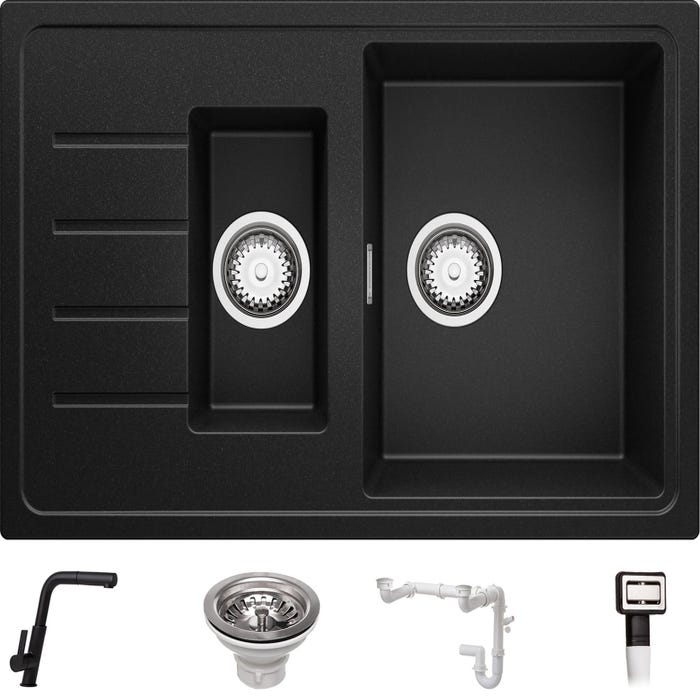 Evier Cuisine en Granit Noir, 78 x 50 cm, Lavabo 1,5 bac + Robinet 3700 + Kit de Vidage, Évier à Encastrer de Primagran 0