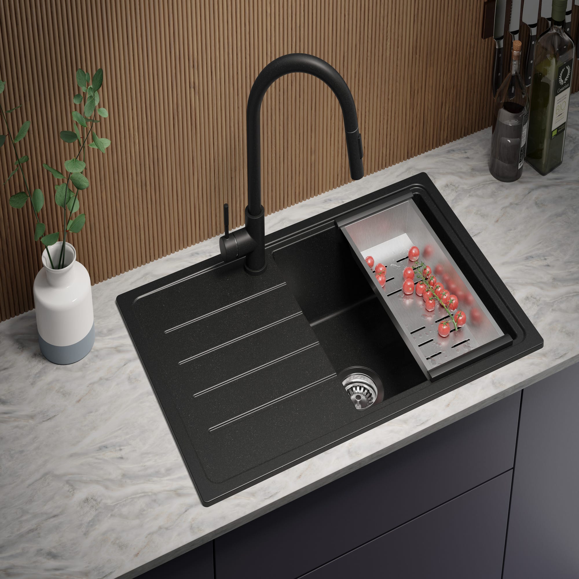 Evier Cuisine en Granit Noir, 78 x 50 cm, Lavabo 1 bac + Robinet 9700 + Kit de Vidage, Évier à Encastrer de Primagran 1