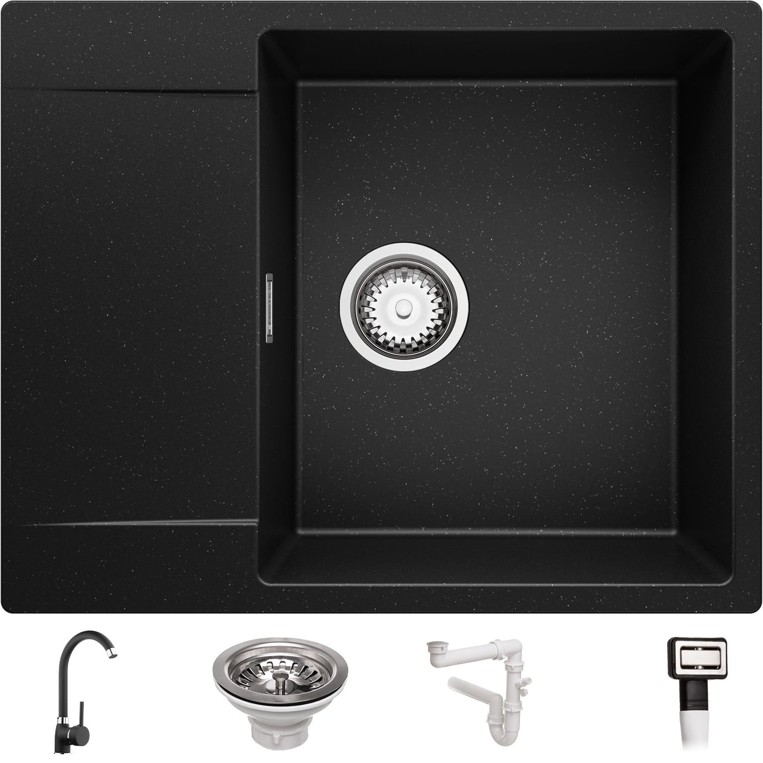 Evier Cuisine en Granit Noir Metallic, 62 x 50 cm, Lavabo 1 bac + Robinet 5700 + Kit de Vidage, Évier à Encastrer de Primagran 0