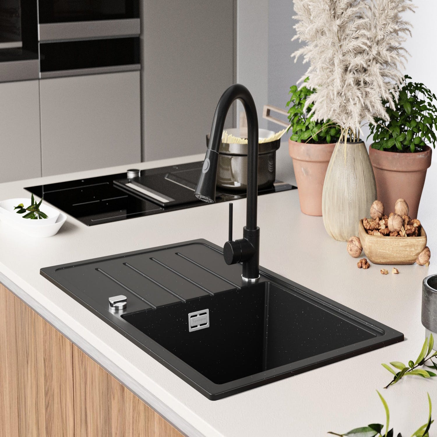 Evier Cuisine en Granit Noir Metallic, 78 x 50 cm, Lavabo 1 bac + Kit de Vidage, Évier à Encastrer de Primagran 3