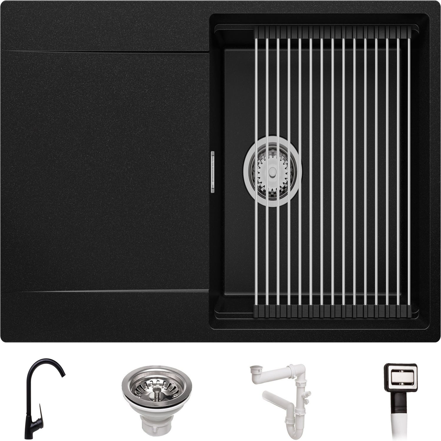 Evier Cuisine en Granit Noir, 78 x 50 cm, Lavabo 1 bac + Robinet 5700 + Kit de Vidage, Évier à Encastrer San Francisco 780 de Primagran 8