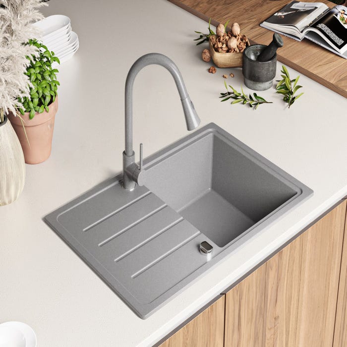 Evier Cuisine en Granit Gris, 78 x 50 cm, Lavabo 1 bac + Kit de Vidage, Évier à Encastrer de Primagran 2