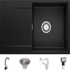 Evier Cuisine en Granit Noir, 78 x 50 cm, Lavabo 1 bac + Robinet 5700 + Kit de Vidage, Évier à Encastrer San Francisco 780 de Primagran 0