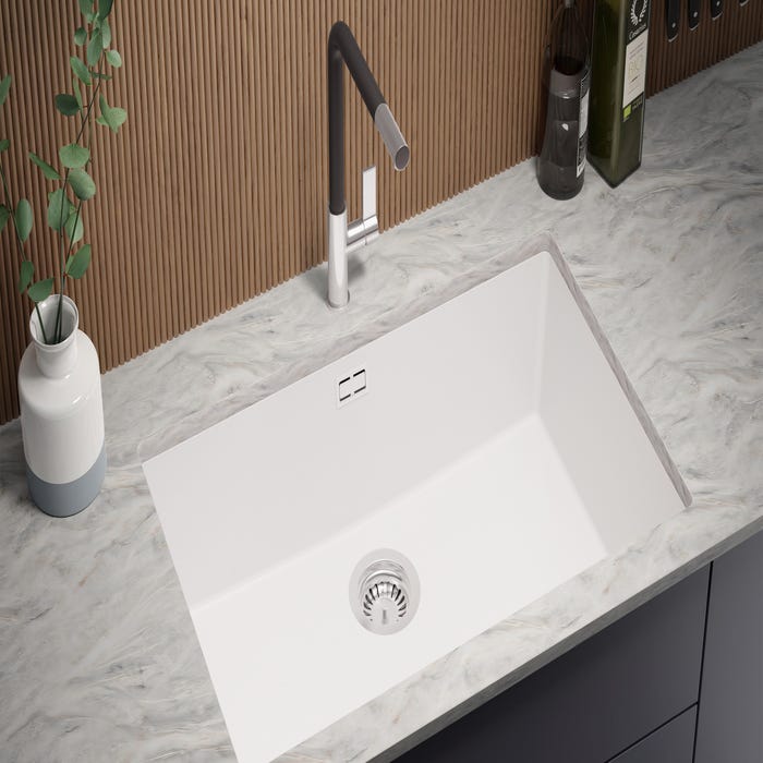 Evier Sous Plan Blanc, 76 x 47 cm, Evier en Granit 1 bac + Kit de Vidage, Lavabo Cuisine de Primagran 1