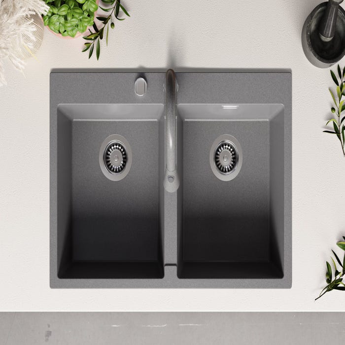 Evier Cuisine en Granit Gris 78x50cm, Lavabo 2 bacs + Kit de Vidage, Évier à Encastrerau meuble 80cm - Oslo Twin de Primagran 3