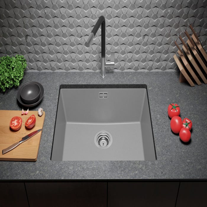 Evier Sous Plan Gris, 56 x 47 cm, Evier en Granit 1 bac + Kit de Vidage, Lavabo Cuisine de Primagran 2