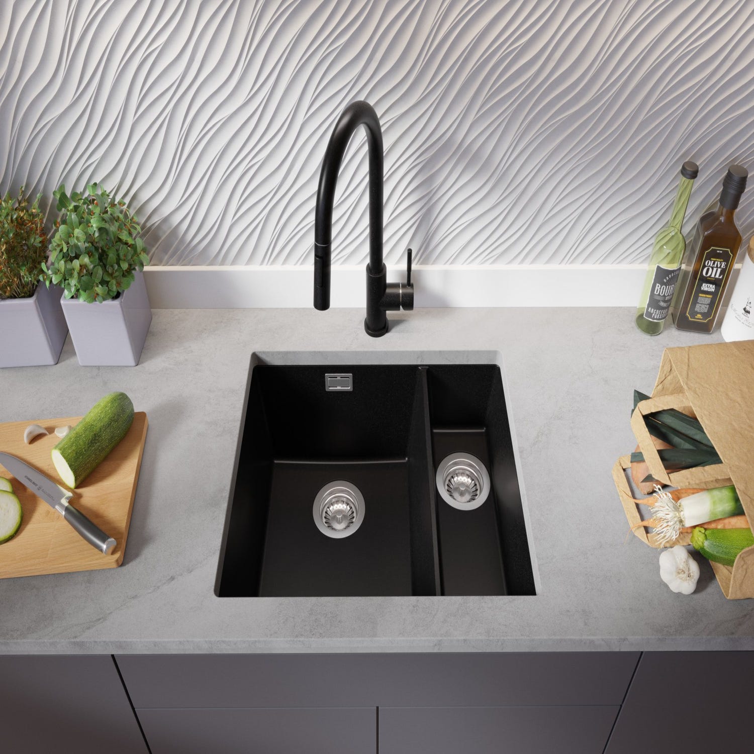 Evier Cuisine en Granit Noir, 55,5 x 45 cm, Lavabo 1,5 bac + Robinet 5700 + Kit de Vidage, Évier à Encastrer de Primagran 2