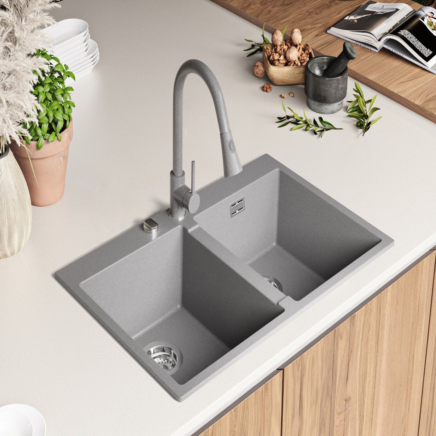 Evier Cuisine en Granit Gris 78x50cm, Lavabo 2 bacs + Kit de Vidage, Évier à Encastrerau meuble 80cm - Oslo Twin de Primagran 1