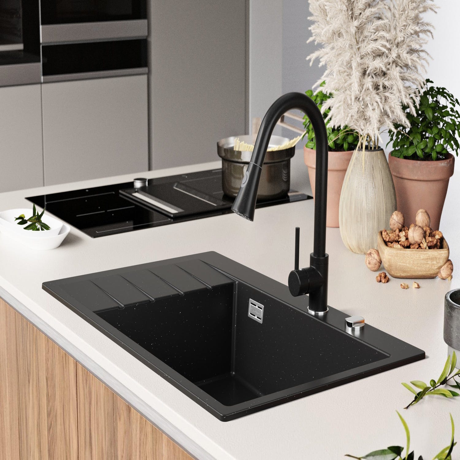 Evier Cuisine en Granit Noir Metallic, 78 x 50 cm, Lavabo 1 bac + Robinet 9700 + Kit de Vidage, Évier à Encastrer de Primagran 2