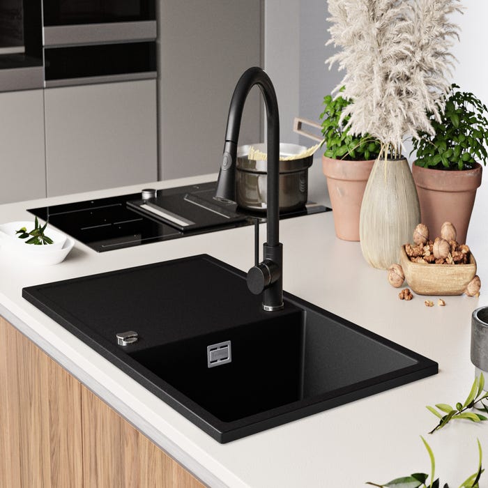 Evier Cuisine en Granit Noir, 78 x 50 cm, Lavabo 1 bac + Robinet 9700 + Kit de Vidage, Évier à Encastrer Ibiza 780 de Primagran 2