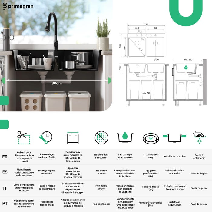 Evier Cuisine en Granit Graphite 78x50cm, Lavabo 2 bacs + Kit de Vidage, Évier à Encastrerau meuble 80cm - Oslo Twin de Primagran 5