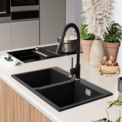 Evier Cuisine en Granit Noir 78x50cm, Lavabo 2 bacs + Kit de Vidage + Robinet, Évier à Encastrerau meuble 80cm - Oslo Twin de Primagran 2