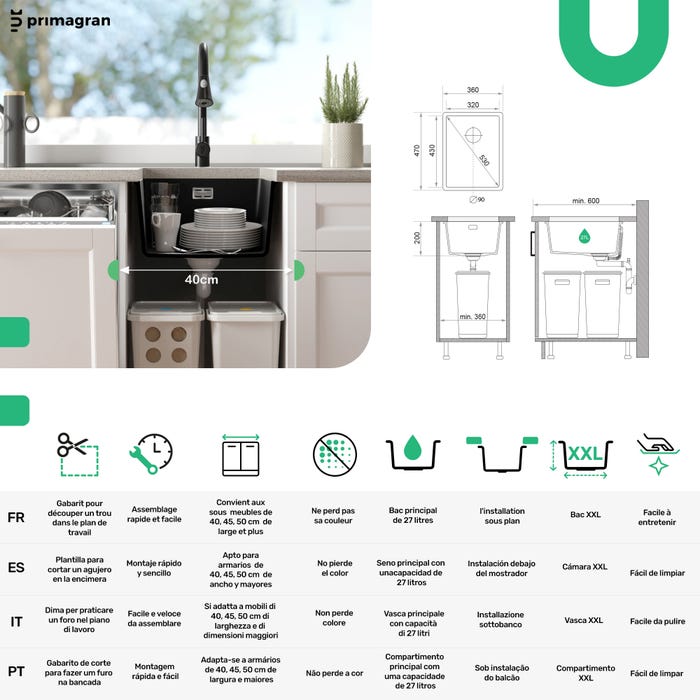 Evier Sous Plan Graphite, 36 x 47 cm, Evier en Granit 1 bac + Kit de Vidage, Lavabo Cuisine de Primagran 5