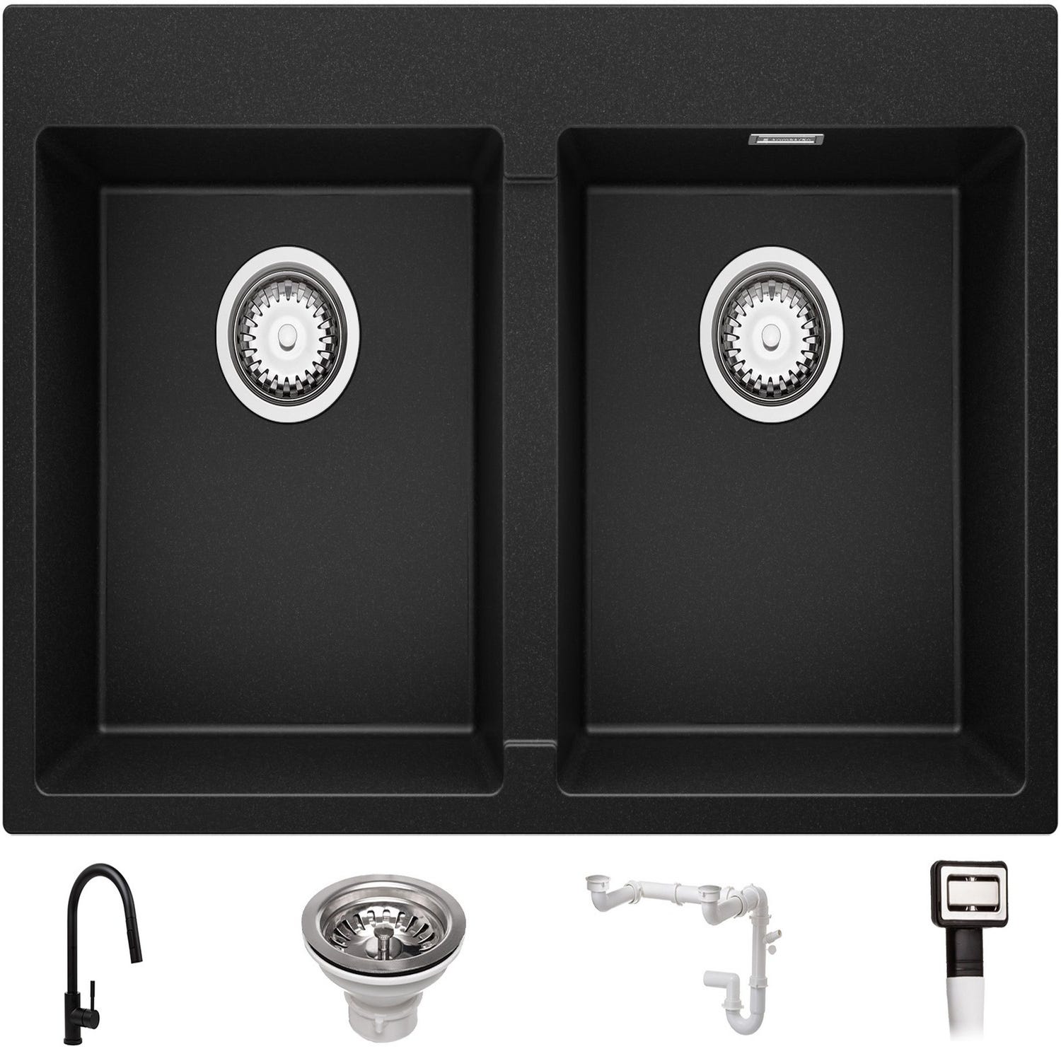 Evier Cuisine en Granit Noir 78x50cm, Lavabo 2 bacs + Kit de Vidage + Robinet, Évier à Encastrerau meuble 80cm - Oslo Twin de Primagran 0