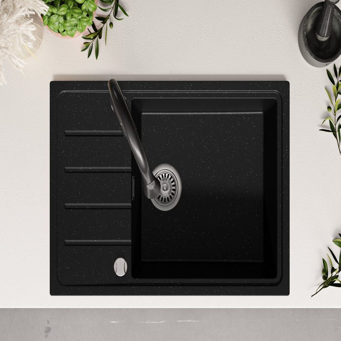 Evier Cuisine en Granit Noir Metallic, 78 x 50 cm, Lavabo 1 bac + Robinet 9700 + Kit de Vidage, Évier à Encastrer de Primagran 8
