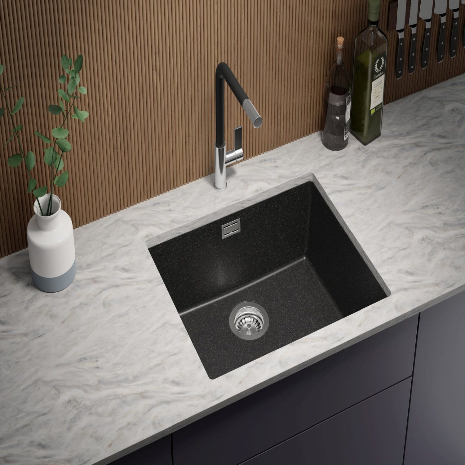 Evier Sous Plan Graphite, 56 x 47 cm, Evier en Granit 1 bac + Kit de Vidage, Lavabo Cuisine de Primagran 0