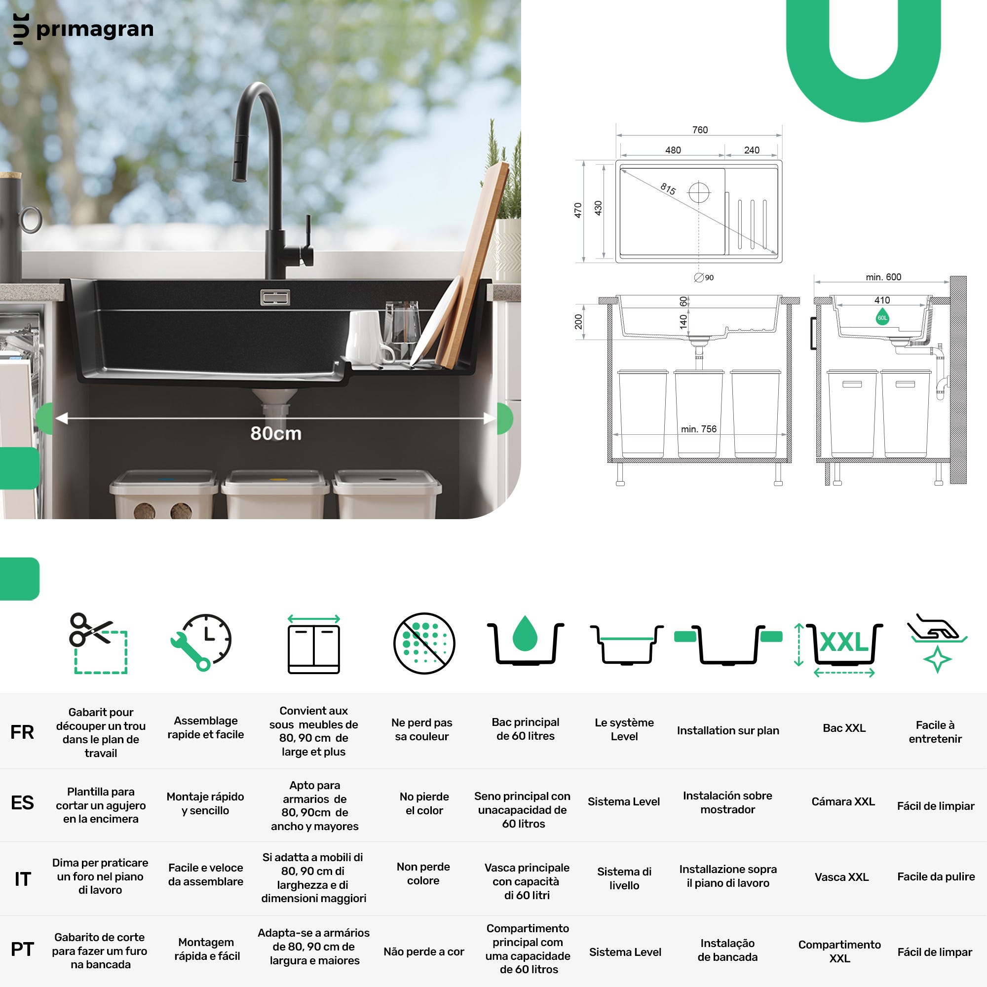 Évier Cusine en Granit Graphite 76x47 cm, Lavabo Cuisine 1 Bac + Kit de Vidage + Robinet, Évier au meuble 80cm, Évier à Encastrer de Primagran 5