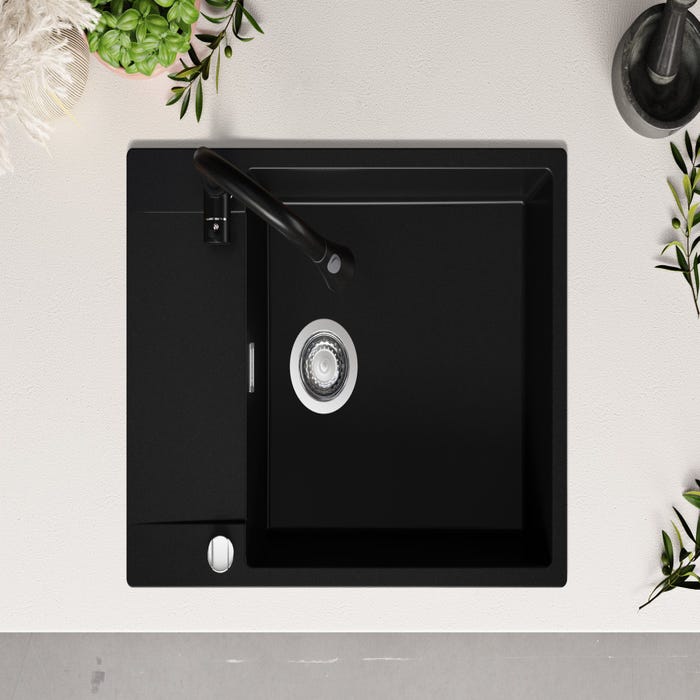 Evier Cuisine en Granit Noir, 70 x 50 cm, Lavabo 1 bac + Kit de Vidage, Évier à Encastrer de Primagran 3