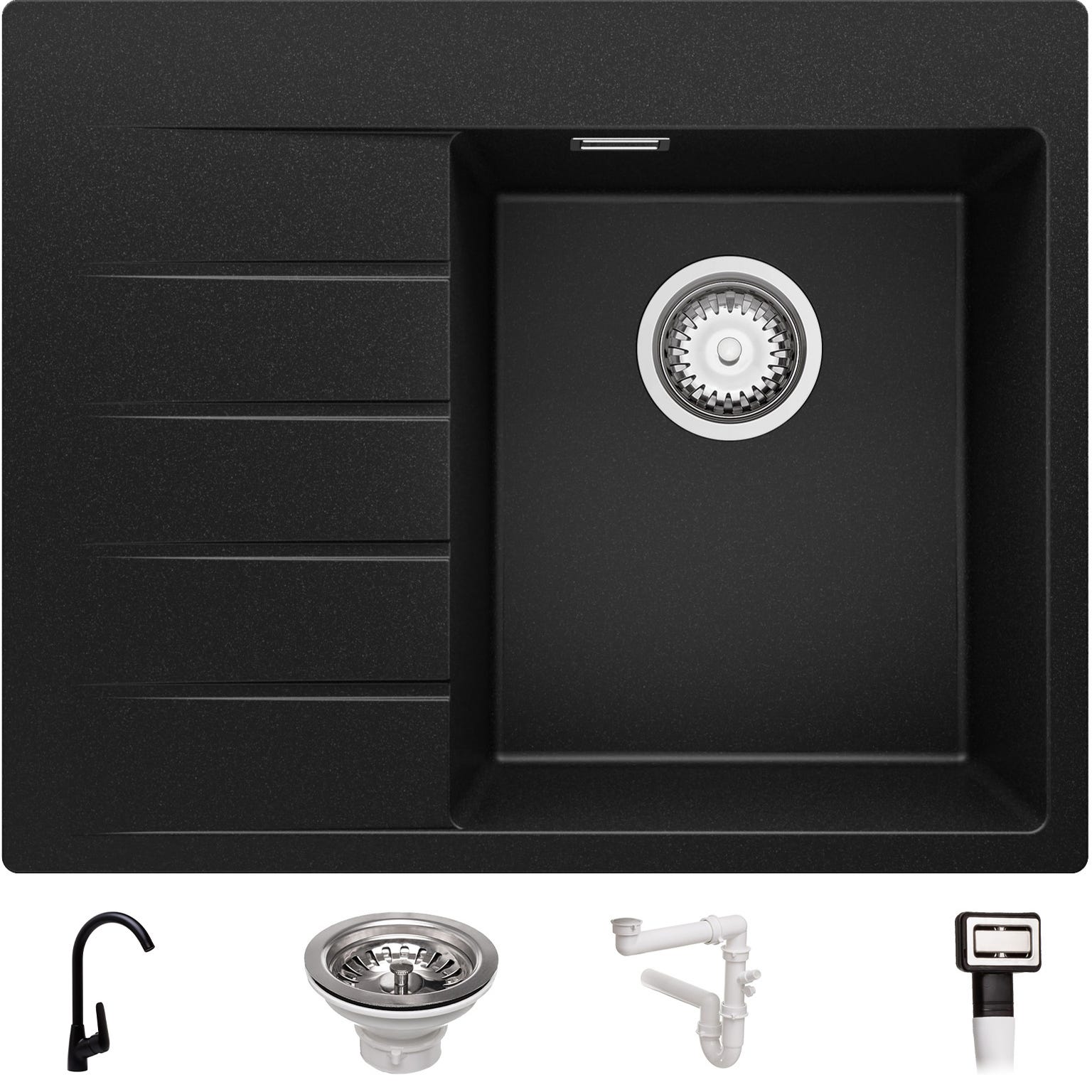 Evier Cuisine en Granit Noir, 62 x 50 cm, Lavabo 1 bac + Robinet 5700 + Kit de Vidage, Évier à Encastrer de Primagran 0