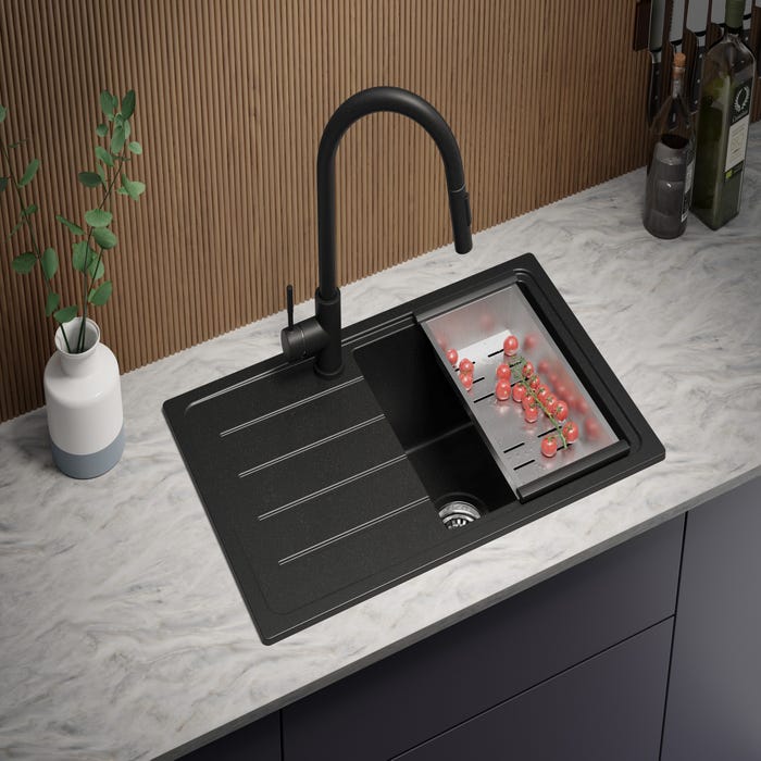 Evier Cuisine en Granit Noir, 70 x 44 cm, Lavabo 1 bac + Robinet 9700 + Kit de Vidage, Évier à Encastrer de Primagran 2