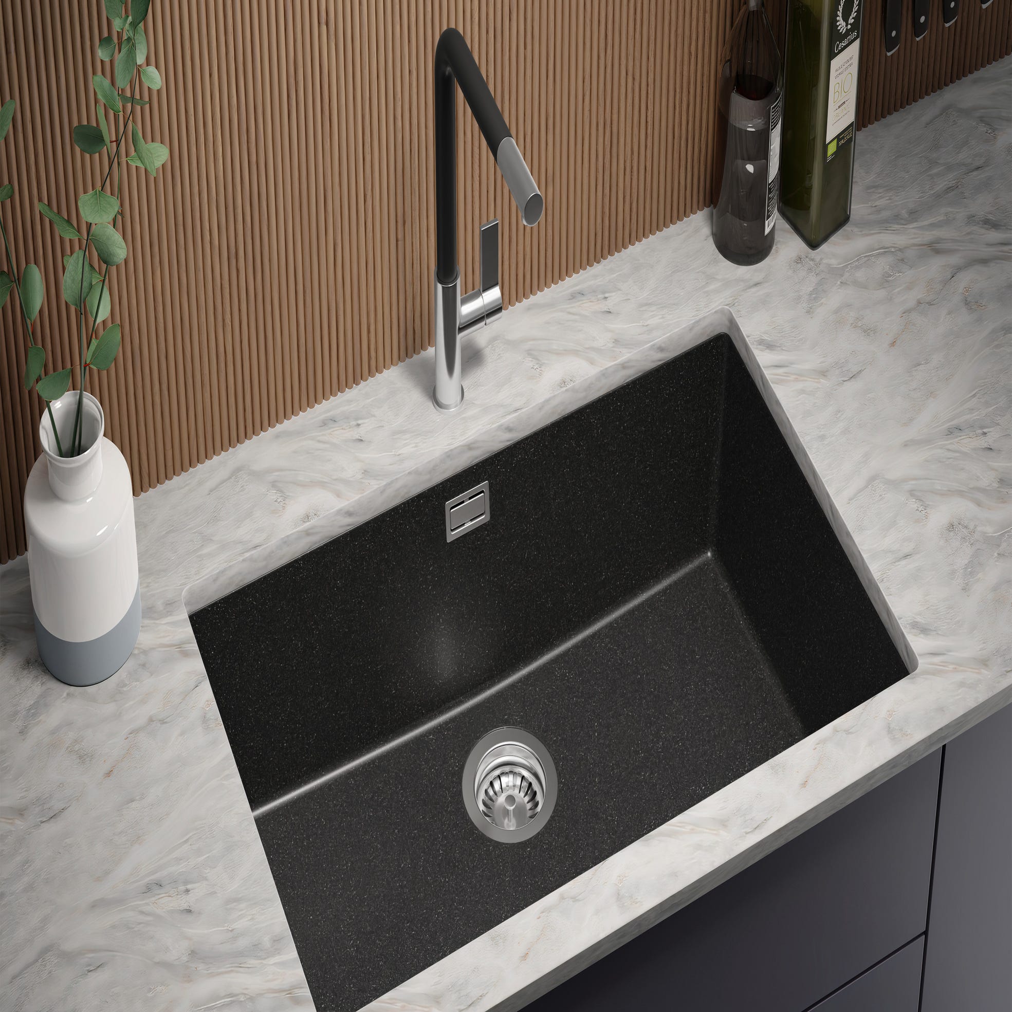 Evier Sous Plan Graphite, 76 x 47 cm, Evier en Granit 1 bac + Kit de Vidage, Lavabo Cuisine de Primagran 1