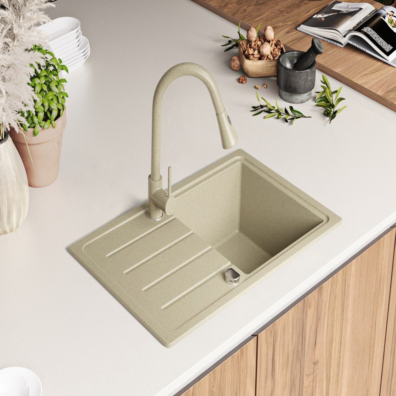 Evier Cuisine en Granit Beige, 70 x 44 cm, Lavabo 1 bac + Kit de Vidage, Évier à Encastrer de Primagran 3