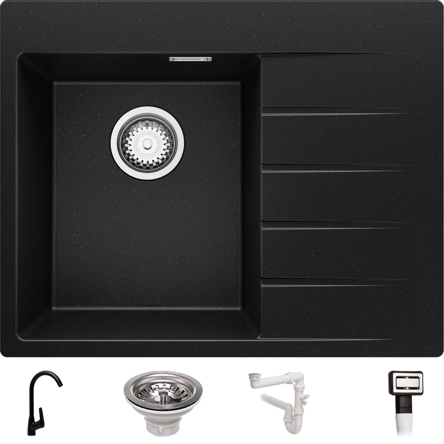 Évier Cusine en Granit Moir Metallic 62x50 cm, Lavabo Cuisine 1 Bac + Kit de Vidage + Robinet, Évier au meuble 40cm, Évier à Encastrer de Primagran 0