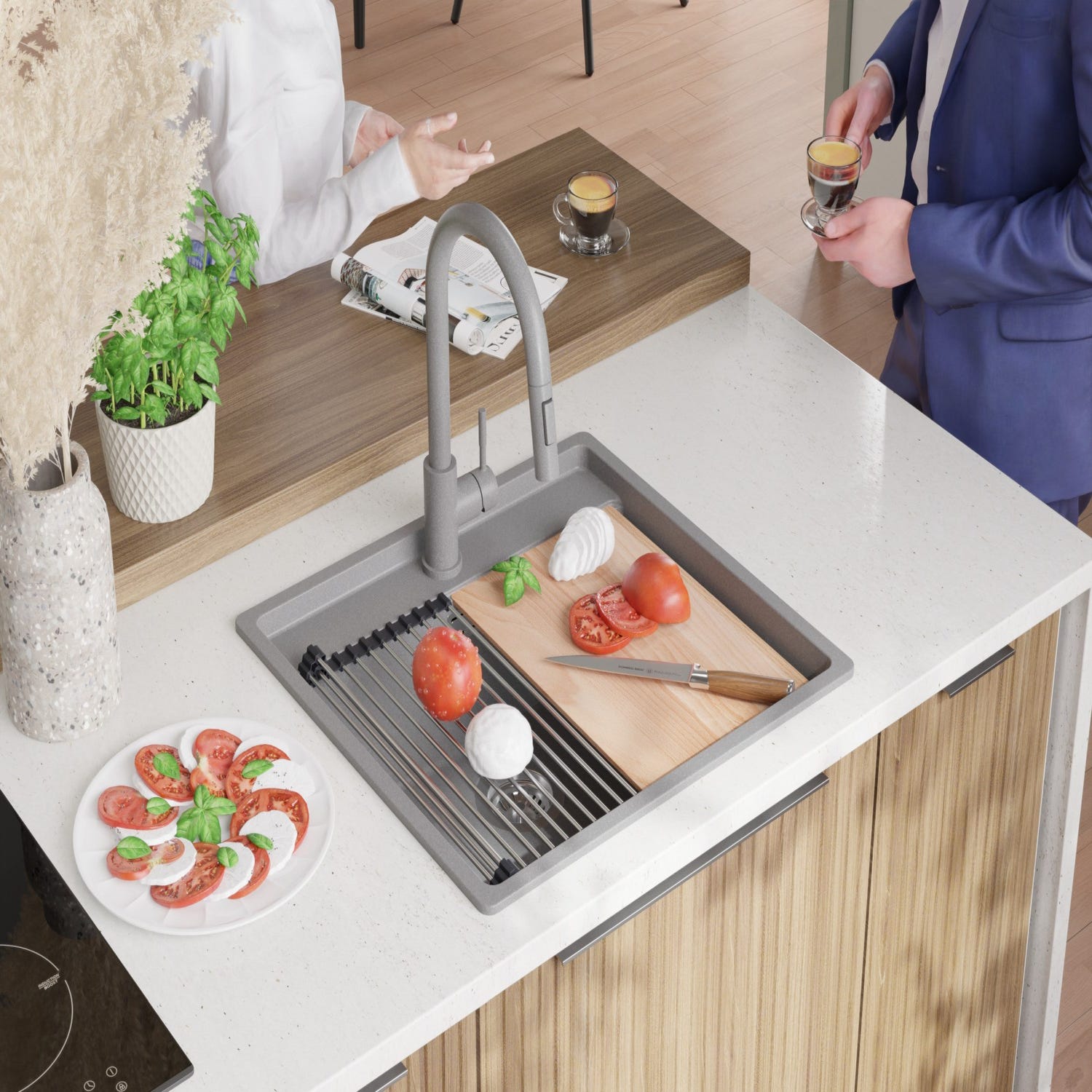 Evier Cuisine en Granit Gris 56x53cm, Lavabo 1 bac + Kit de Vidage + Robinet + planche à découper, Évier à Encastrer au meuble 60cm de Primagran 3