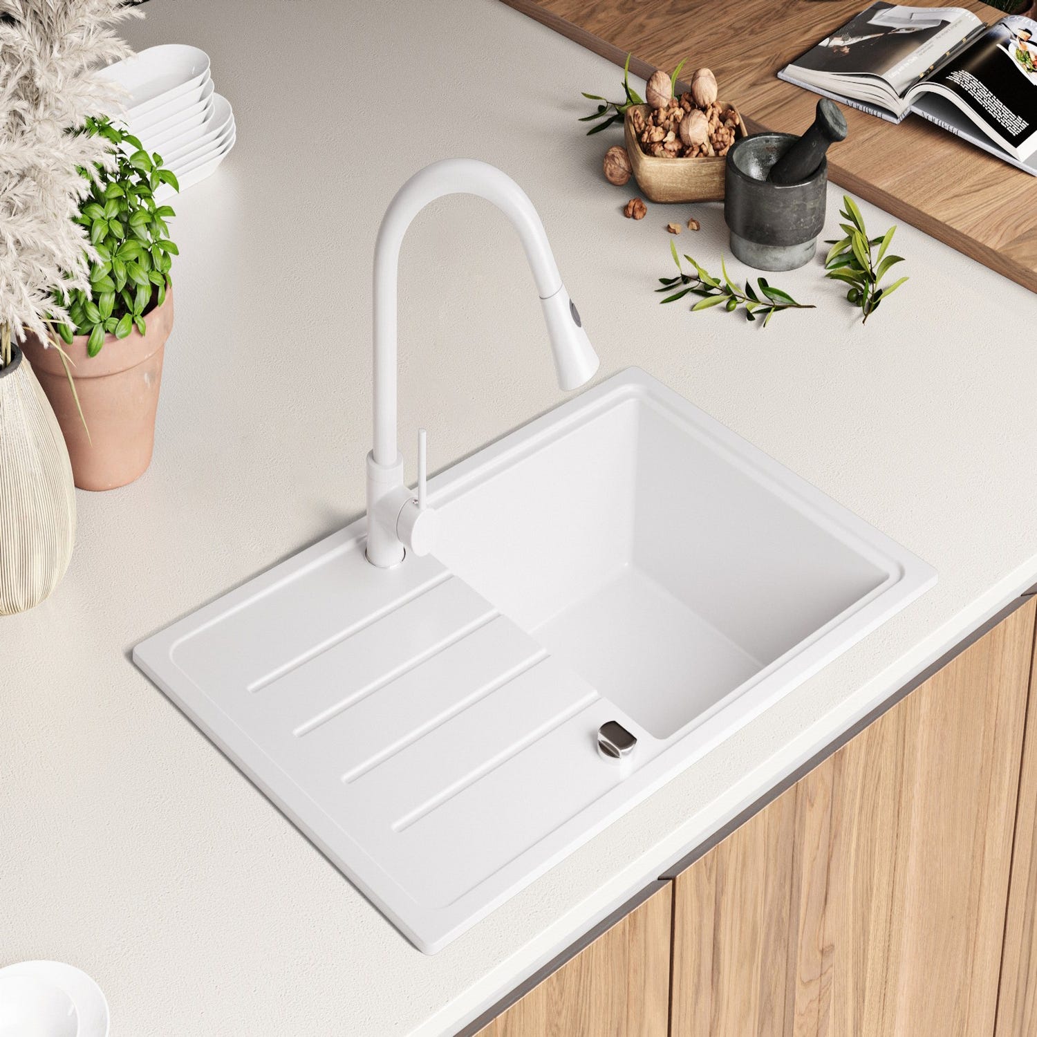 Evier Cuisine en Granit Blanc, 78 x 50 cm, Lavabo 1 bac + Kit de Vidage, Évier à Encastrer de Primagran 2