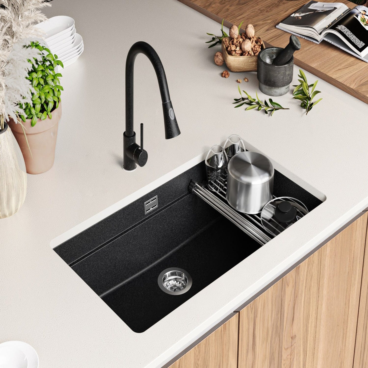 Evier Sous Plan Graphite, 86 x 47 cm, Evier en Granit 1 bac + Kit de Vidage, Lavabo Cuisine de Primagran 3