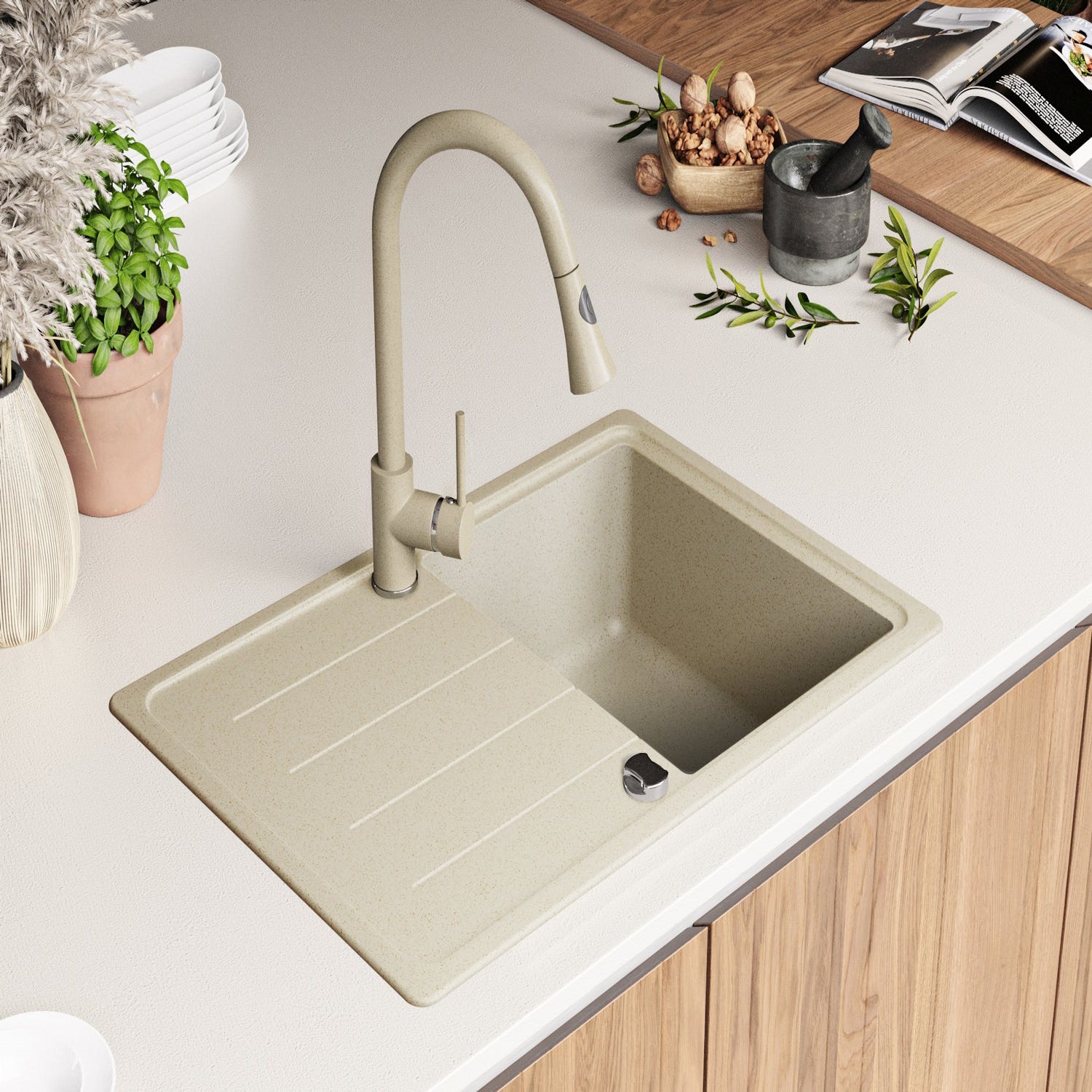 Evier Cuisine en Granit Beige, 78 x 50 cm, Lavabo 1 bac + Kit de Vidage, Évier à Encastrer Copenhague 780 de Primagran 2