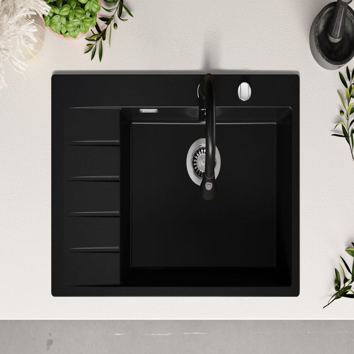 Evier Cuisine en Granit Noir, 78 x 50 cm, Lavabo 1 bac + Robinet 9700 + Kit de Vidage, Évier à Encastrer de Primagran 3