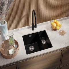 Evier Cuisine en Granit Noir, 55,5 x 45 cm, Lavabo 1,5 bac + Robinet 5700 + Kit de Vidage, Évier à Encastrer de Primagran 1