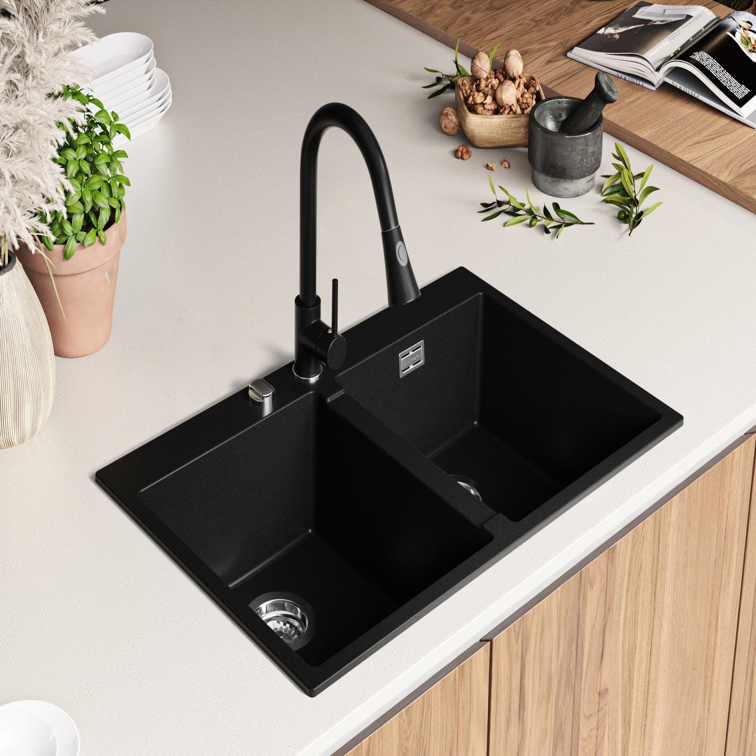 Evier Cuisine en Granit Noir 78x50cm, Lavabo 2 bacs + Kit de Vidage + Robinet, Évier à Encastrerau meuble 80cm - Oslo Twin de Primagran 1