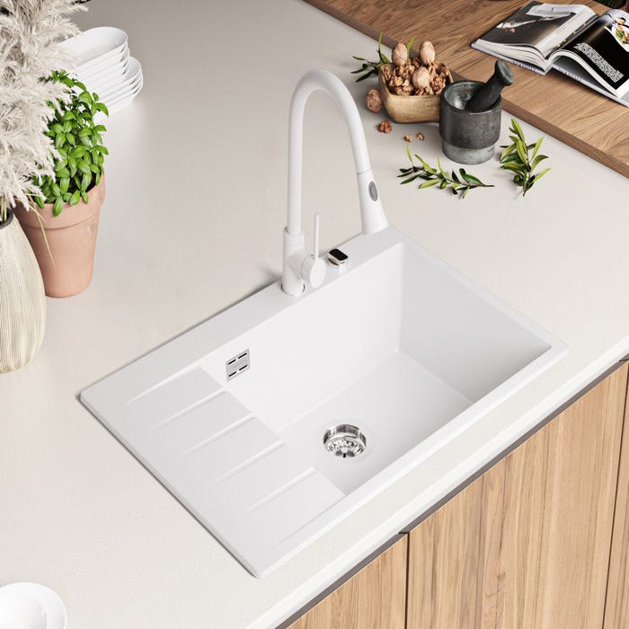 Evier Cuisine en Granit Blanc, 78 x 50 cm, Lavabo 1 bac + Kit de Vidage, Évier à Encastrer de Primagran 1