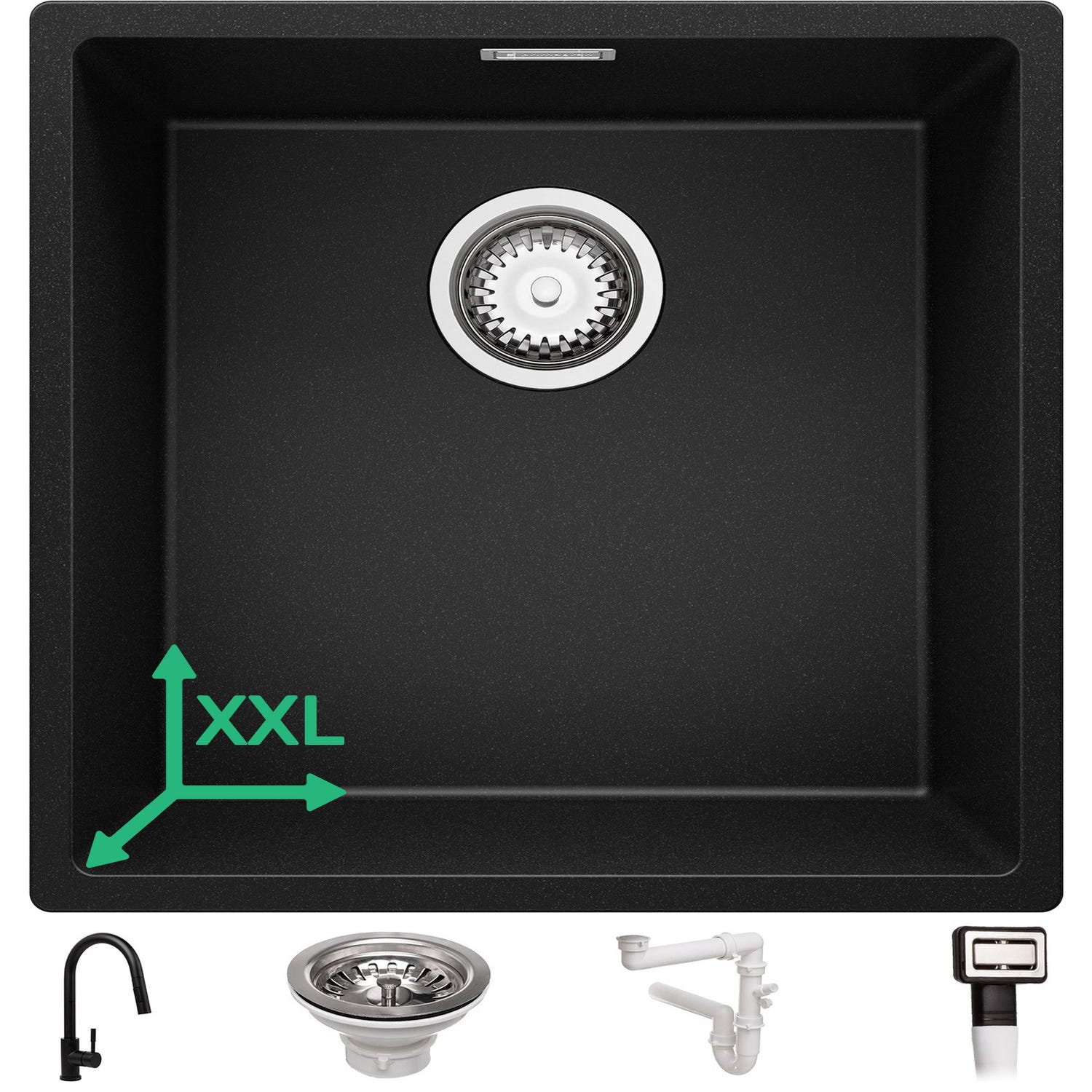 Evier Sous Plan Noir, 46 x 47 cm, Evier en Granit 1 bac + Robinet 9700 + Kit de Vidage, Lavabo Cuisine de Primagran 0