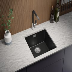 Evier Sous Plan Noir, 46 x 47 cm, Evier en Granit 1 bac + Kit de Vidage, Lavabo Cuisine de Primagran 1