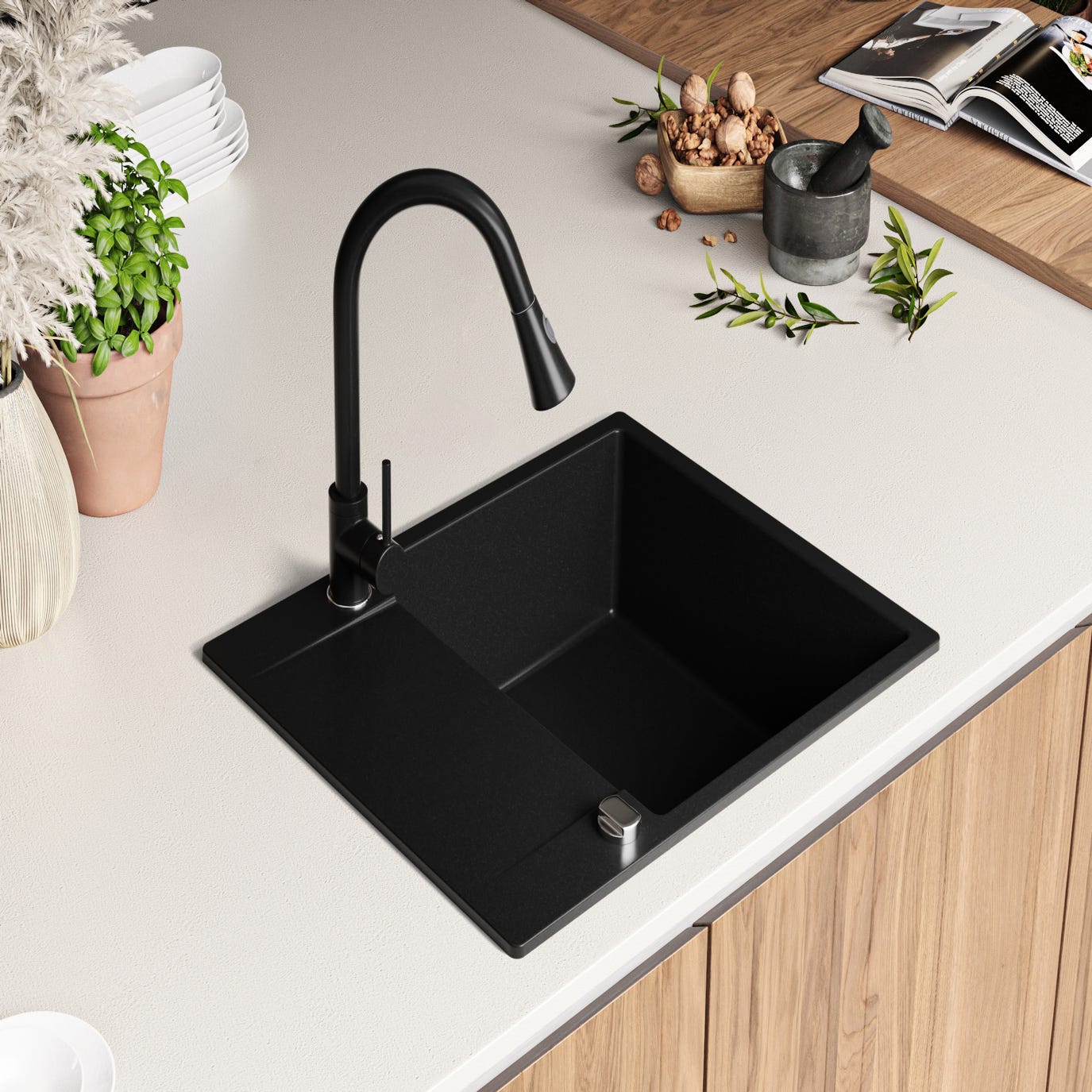 Evier Cuisine en Granit Noir, 62 x 50 cm, Lavabo 1 bac + Robinet 3700 + Kit de Vidage, Évier à Encastrer de Primagran 1