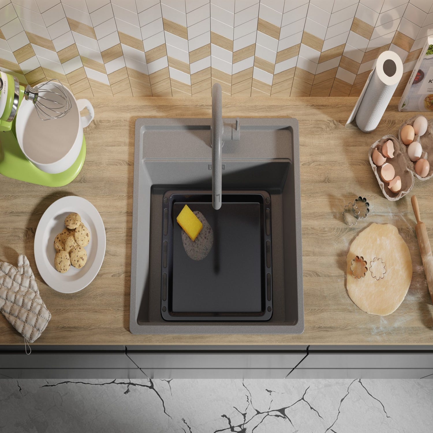 Evier Cuisine en Granit Gris 56x53cm, Lavabo 1 bac + Kit de Vidage + Robinet + planche à découper, Évier à Encastrer au meuble 60cm de Primagran 8