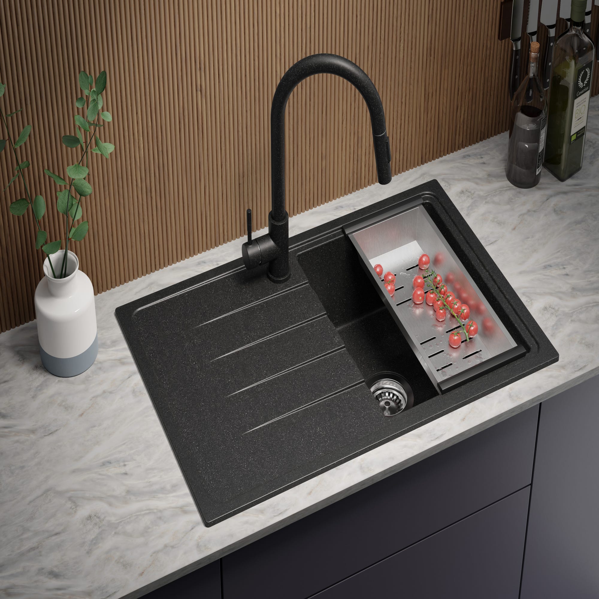 Evier Cuisine en Granit Graphite, 78 x 50 cm, Lavabo 1 bac + Robinet 5000 + Kit de Vidage, Évier à Encastrer Milan 780 de Primagran 2