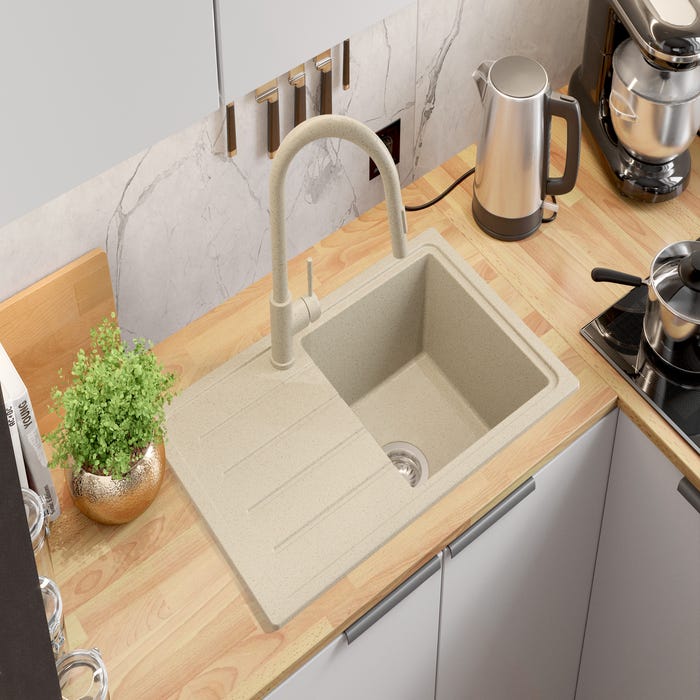 Evier Cuisine en Granit Beige, 70 x 44 cm, Lavabo 1 bac + Kit de Vidage, Évier à Encastrer de Primagran 1