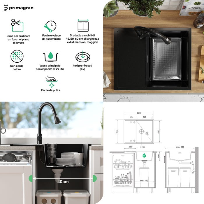 Evier Cuisine en Granit Noir, 62 x 50 cm, Lavabo 1 bac + Robinet 5700 + Kit de Vidage, Évier à Encastrer Ibiza 620 de Primagran 8