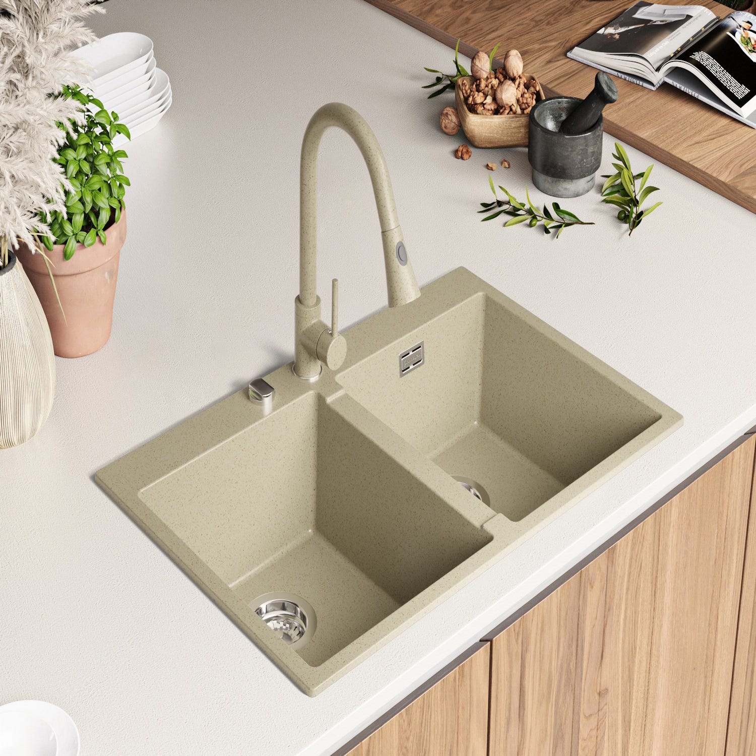 Evier Cuisine en Granit Beige 78x50cm, Lavabo 2 bacs + Kit de Vidage, Évier à Encastrerau meuble 80cm - Oslo Twin de Primagran 1