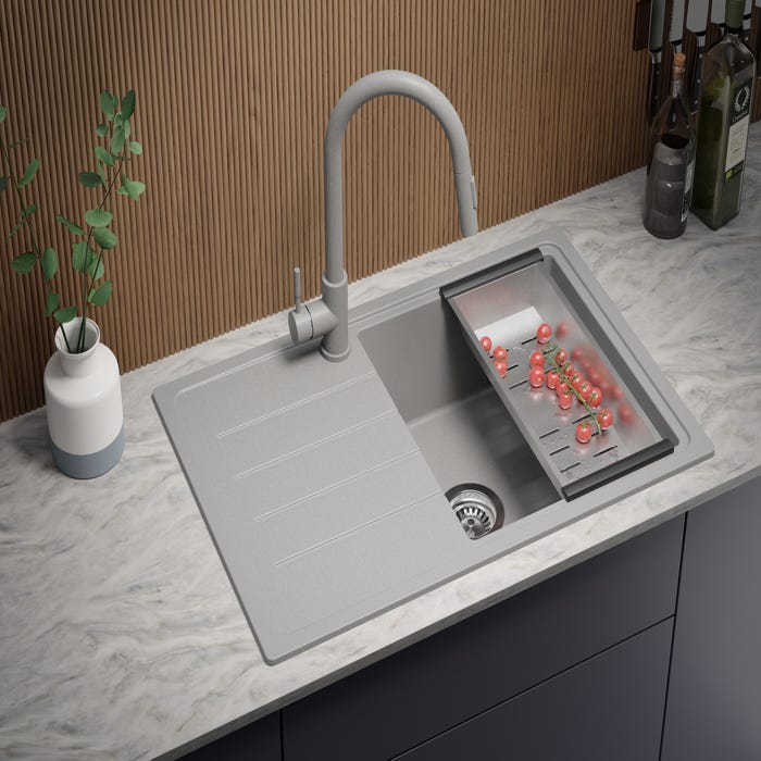 Evier Cuisine en Granit Gris, 78 x 50 cm, Lavabo 1 bac + Kit de Vidage, Évier à Encastrer de Primagran 1