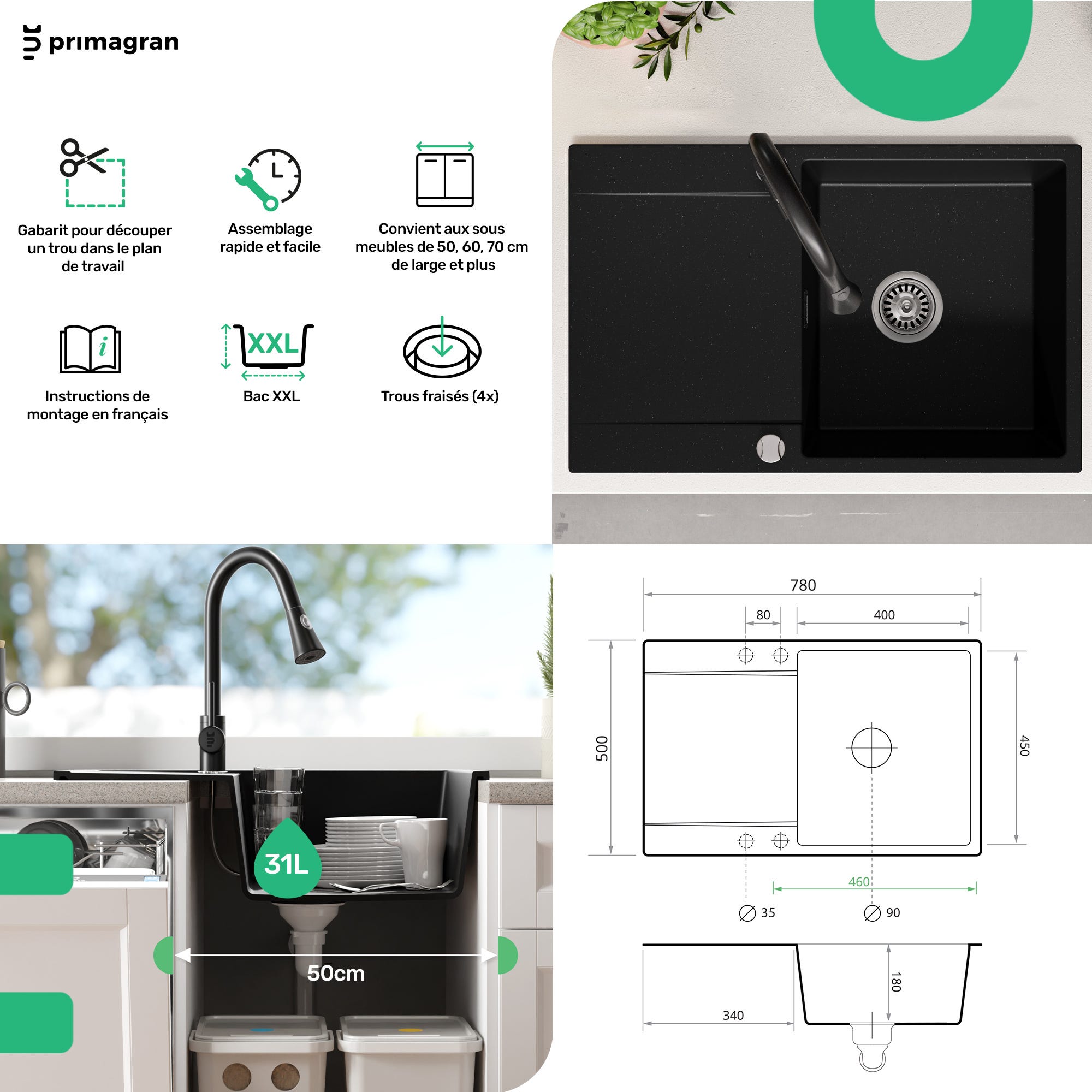 Evier Cuisine en Granit Gris, 78 x 50 cm, Lavabo 1 bac + Kit de Vidage, Évier à Encastrer San Francisco 780 de Primagran 3