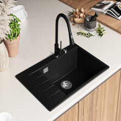 Evier Cuisine en Granit Noir Metallic, 78 x 50 cm, Lavabo 1 bac + Robinet 9700 + Kit de Vidage, Évier à Encastrer de Primagran 1