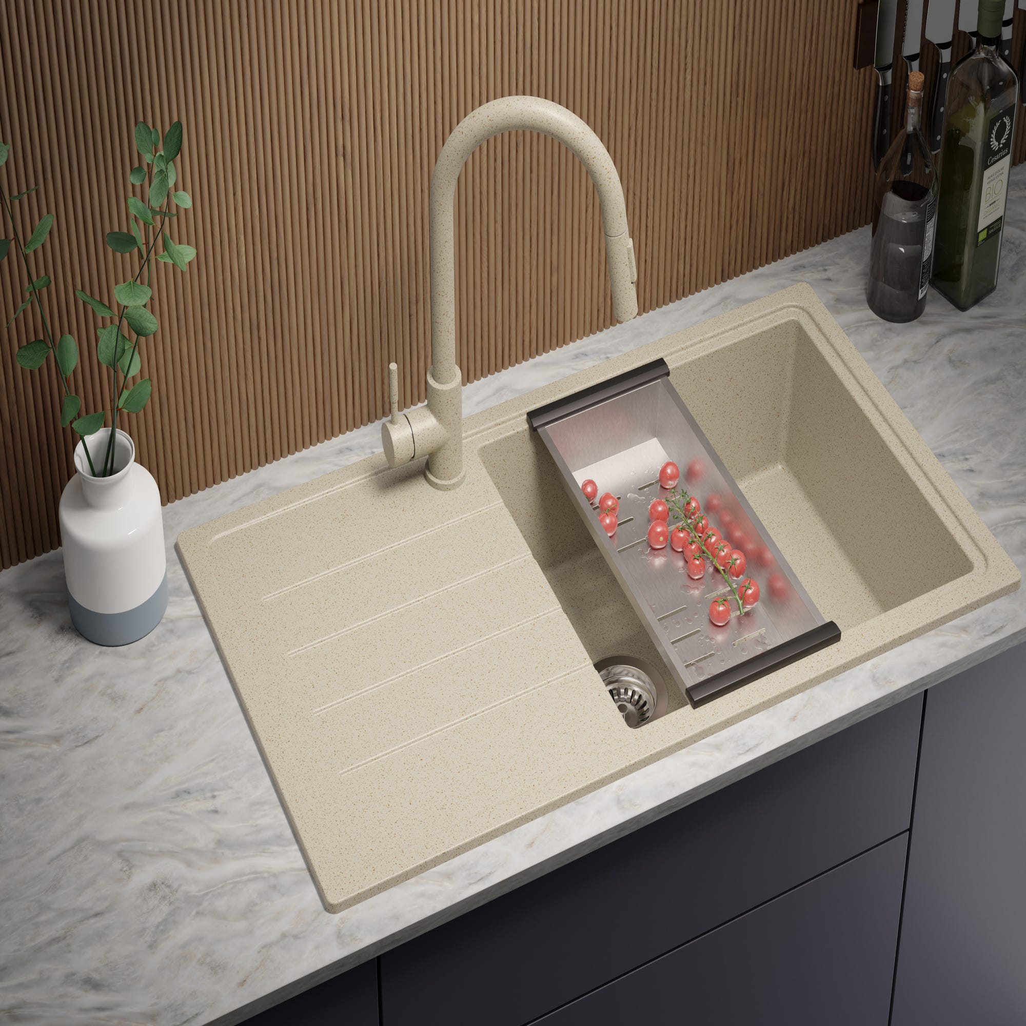 Evier Cuisine en Granit Beige, 90 x 50 cm, Lavabo 1 bac + Kit de Vidage, Évier à Encastrer de Primagran 1